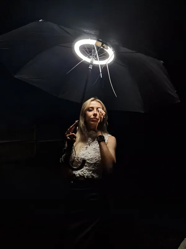 Shooting de nuit : une modèle sous un parapluie éclairé par un anneau lumineux